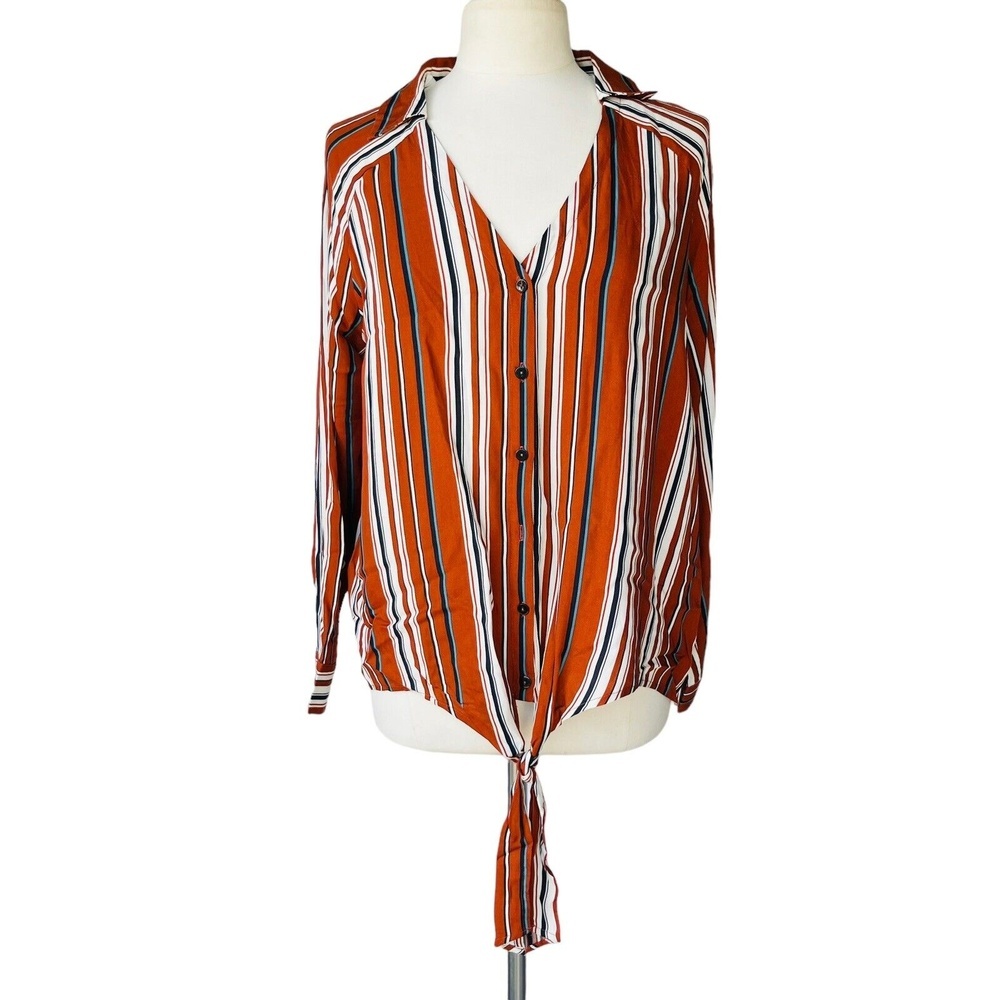 ANDREE By UNIT Tunic Top Women’s L Striped ADE Burgundy Multi Tie Front Shirt